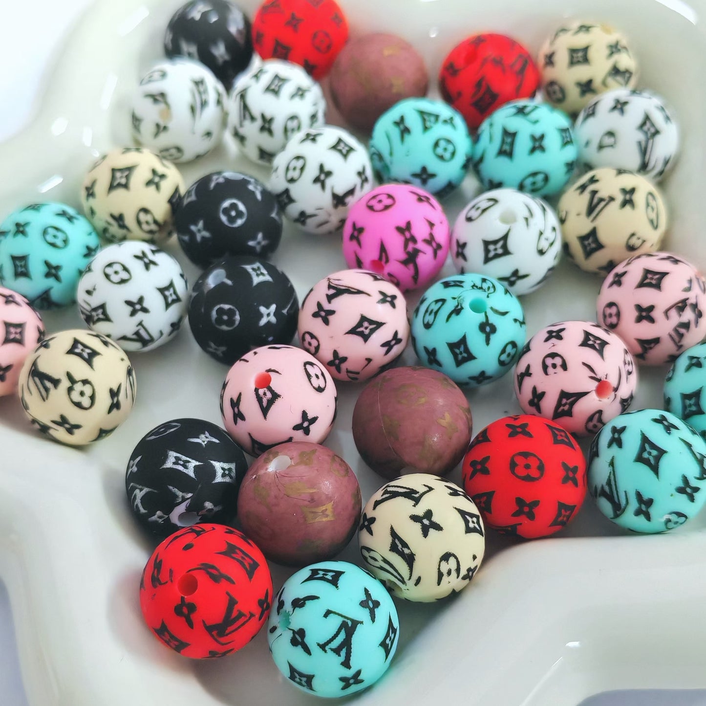 Designer Inspired VL GGG CCC DIO KM Round Silicone Beads 15mm