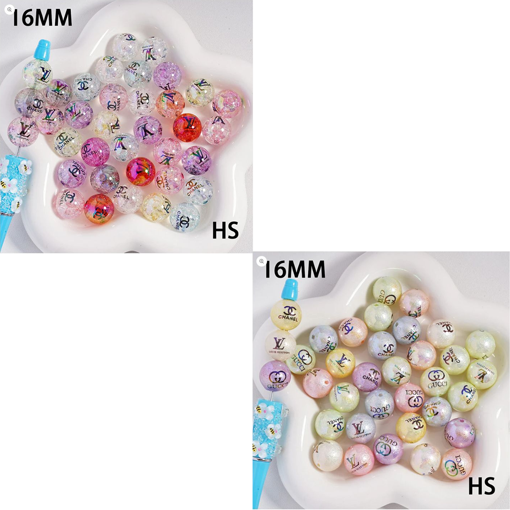 UV Coating CC VL GG Bumpy Effect And Translucent Crackle VL and CC Prints Round Light Color Acrylic Beads, 16MM, Random Mix, HS
