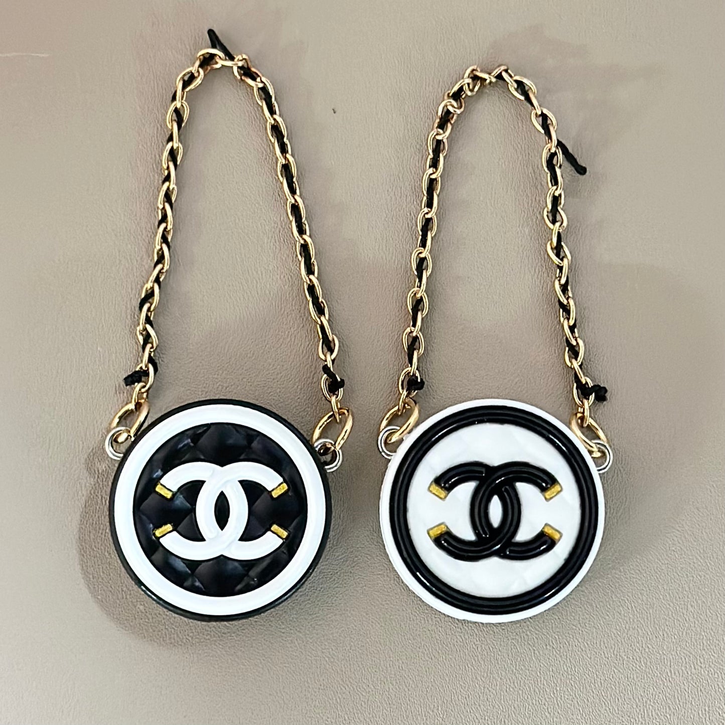 Designer Black White CCC Bag Purse Rubber Charm with Glod Chain and Black String, NO HOLE