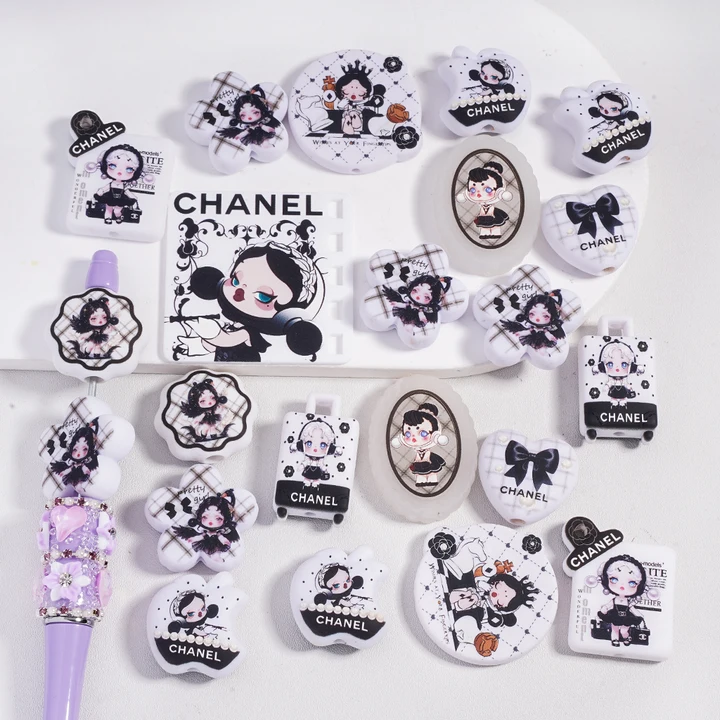 CC Acrylic Double-Sided Printed Beads SP POP Mart Black And White Girl in Different Shapes, Random Mix, QK(Only available for 500g(Whole Bag) )