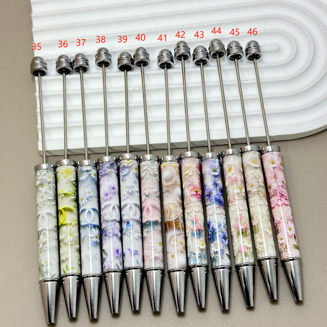 Printed Beadable Pens in Silver Color with CC and GG Flower Design (Non-refillable)