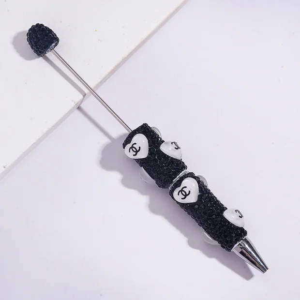 Beadable Clay Pens with Heart CC Mini AB & Black Rhinestones Covered the Entire Pen. YY