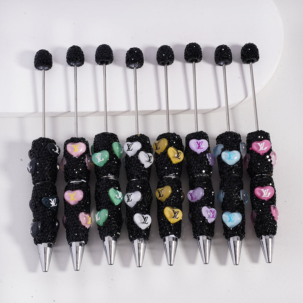 Beadable Clay Pens with Heart VL Mini AB & Black Rhinestones Covered the Entire Pen. YY