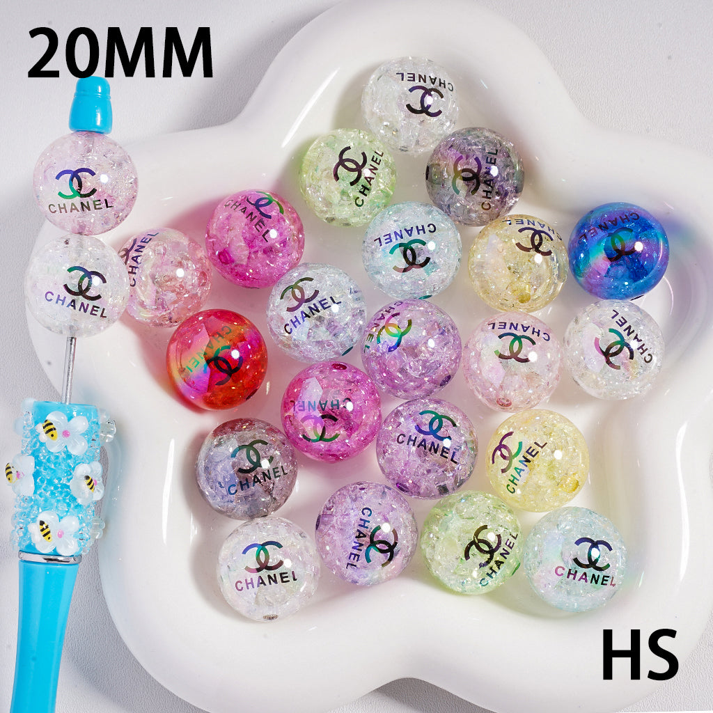 Translucent Crackle VL and CC Prints Round Light Color Acrylic Beads, 20MM, Random Mix, HS