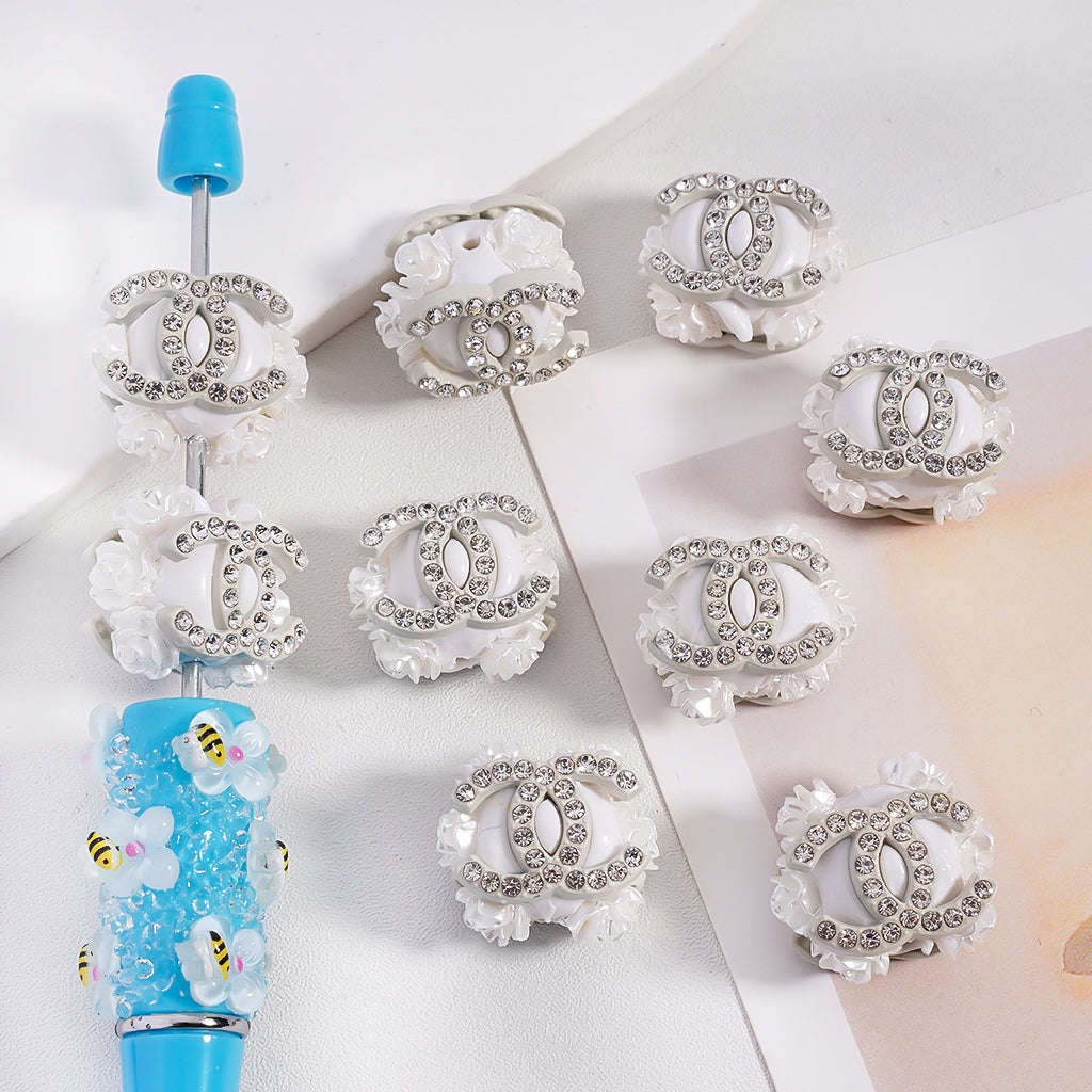 Acrylic Bead with White CC, Rhinestones, White Flower, MG