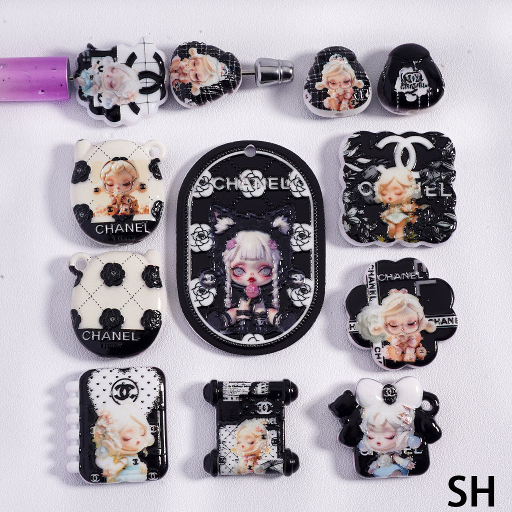 CC Black and White Pop Mart Cute Girl Character Acrylic Beads, Random Mix, SH