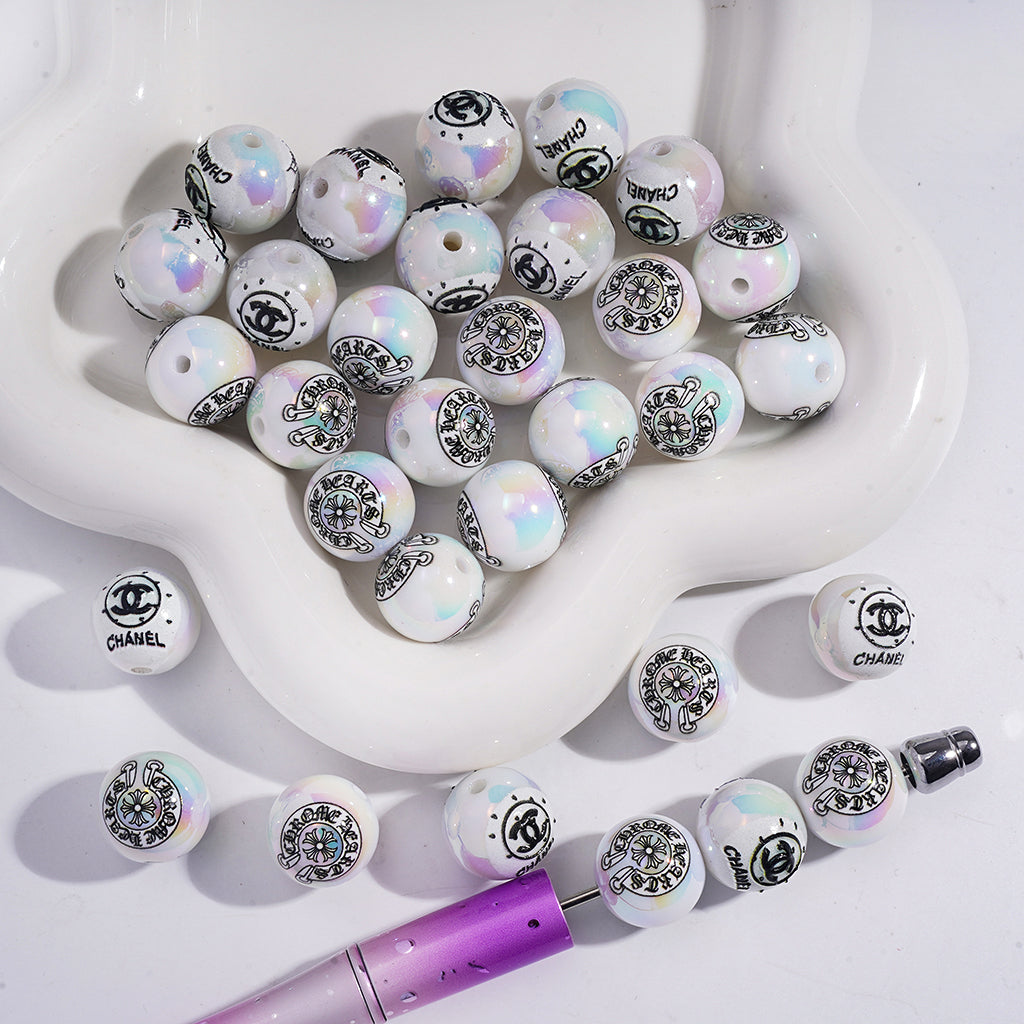 CC MeChro Hearts White Glitter Printed Beads Mixed Set, 16MM