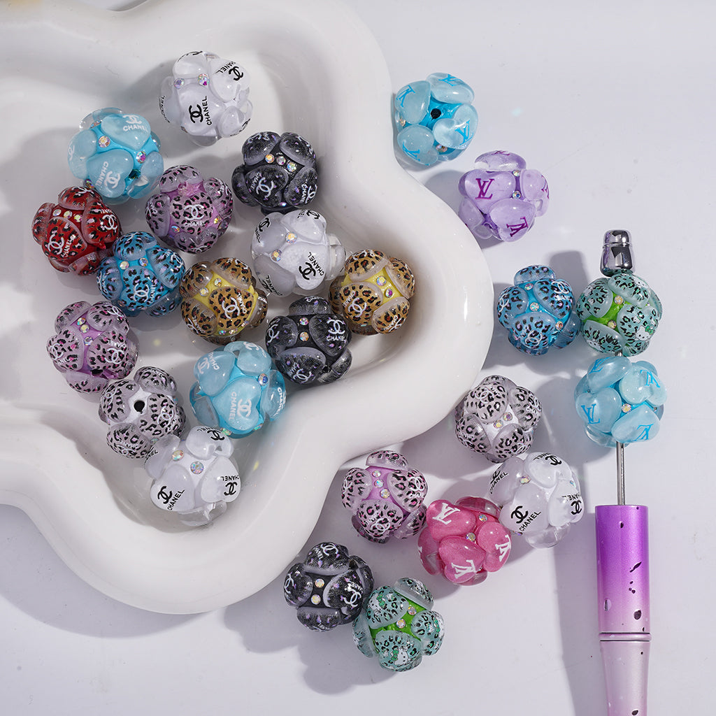 CC VL Clay Beads with Cute Hearts And Leopard print element Shiny AB Rhinestones 20MM, Random Mix, YY