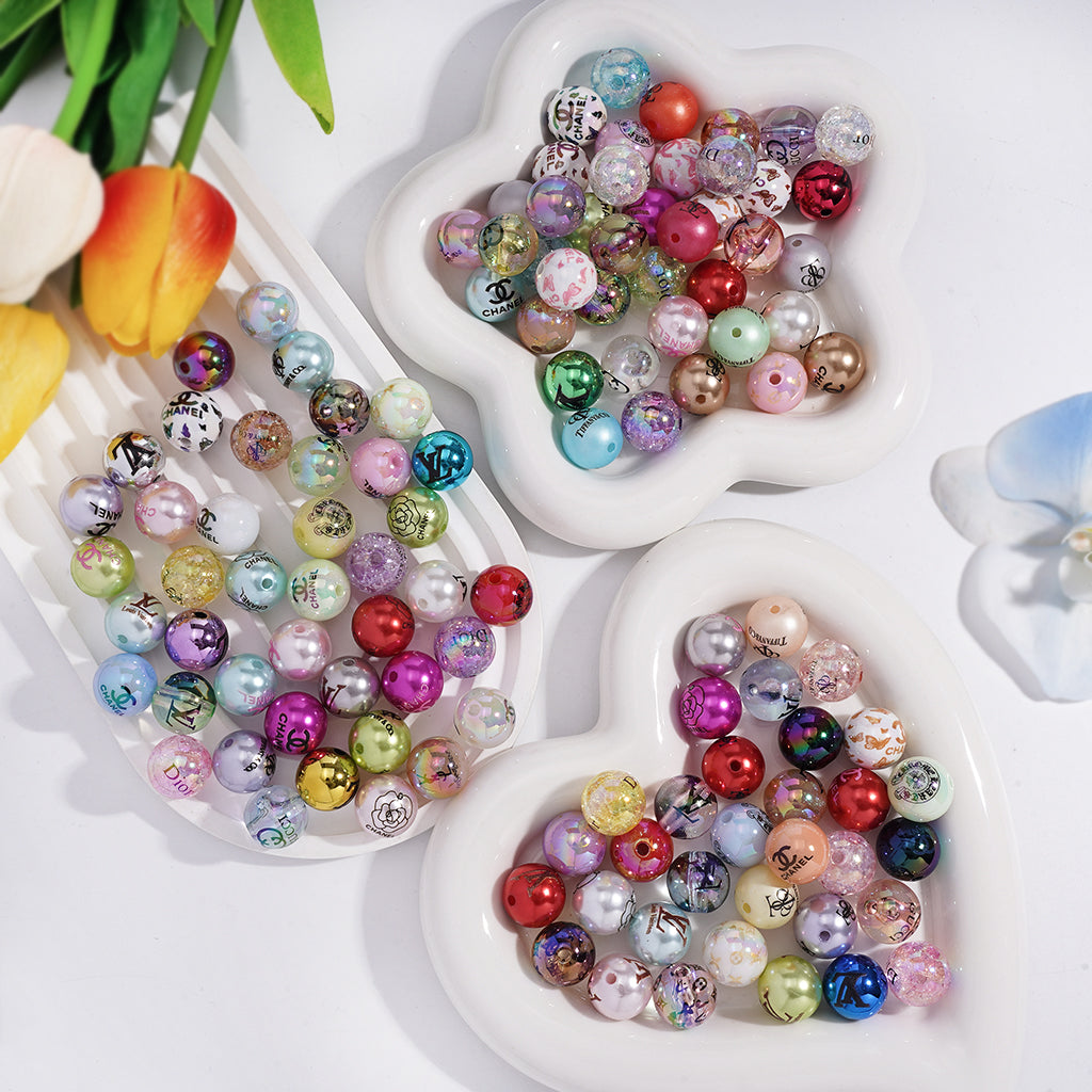 Mixed style acrylic spacer beads, multi-color printed loose beads, 16mm