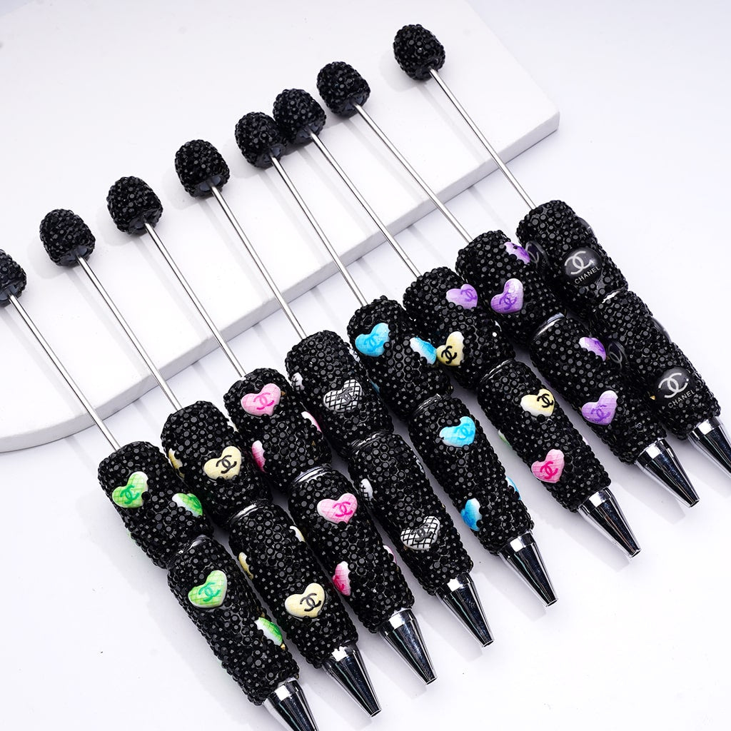 Beadable Clay Pens with Heart CCC  Mini AB & Black Rhinestones Covered the Entire Pen.YY