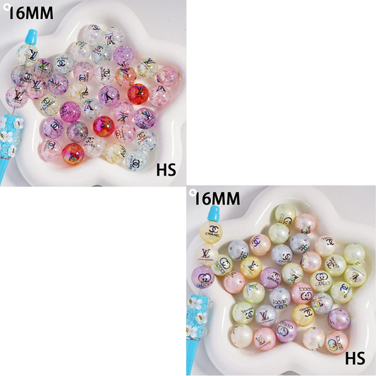UV Coating CC VL GG Bumpy Effect And Translucent Crackle VL and CC Prints Round Light Color Acrylic Beads, 16MM, Random Mix, HS