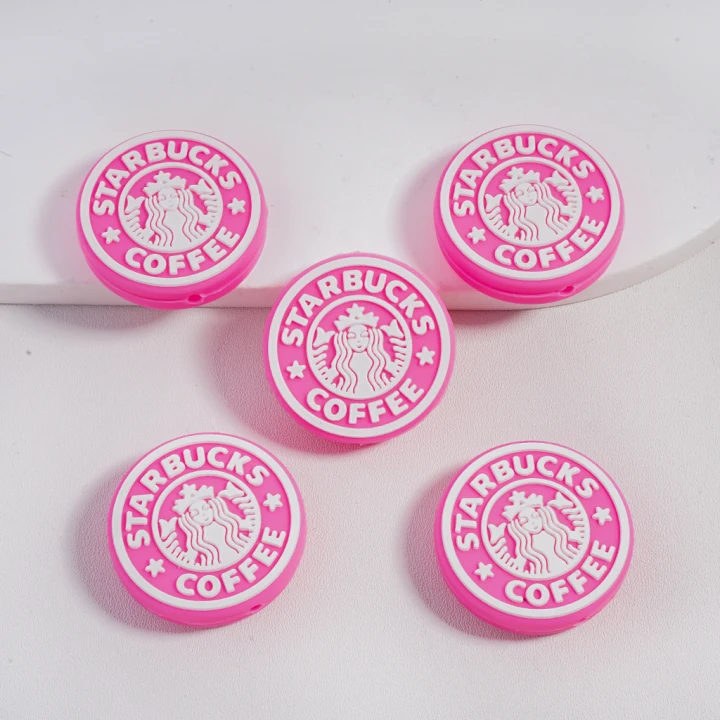 Pink Starbuck Coffee Round Silicone Focal Beads