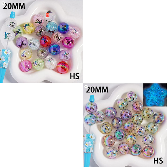 UV-coated luminescent classic VL print pattern, along with translucent crackled VL and CC printed round light-colored acrylic beads, randomly mixed, 20mm, HS.