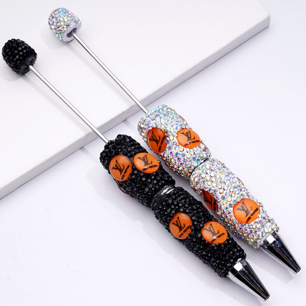 Beadable Clay Pens with Round Orange VL  Mini AB & Black Rhinestones Covered the Entire Pen.YY