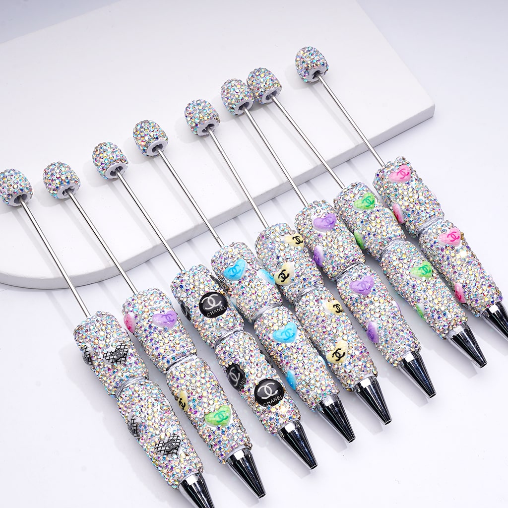 Beadable Clay Pens with Heart CCC  Mini AB & Black Rhinestones Covered the Entire Pen.YY