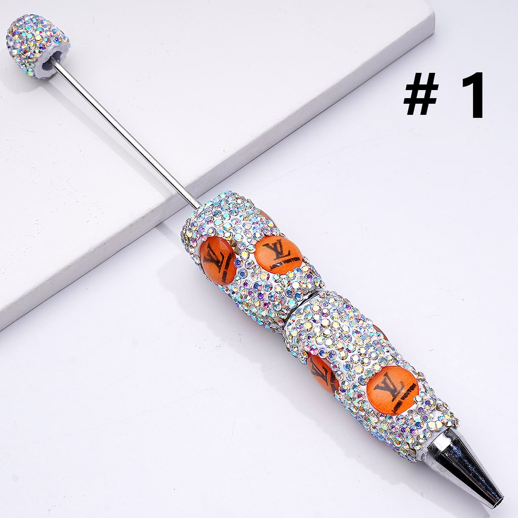 Beadable Clay Pens with Round Orange VL  Mini AB & Black Rhinestones Covered the Entire Pen.YY