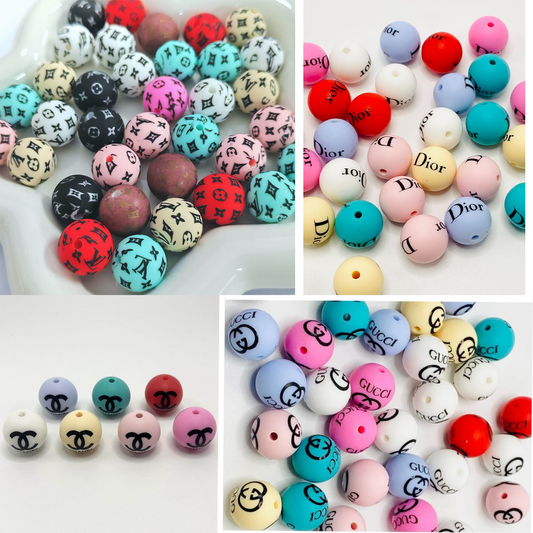 Designer Inspired VL GGG CCC DIO KM Round Silicone Beads 15mm