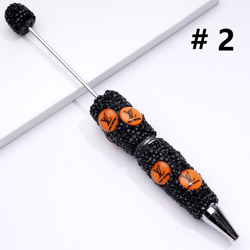 Beadable Clay Pens with Round Orange VL  Mini AB & Black Rhinestones Covered the Entire Pen.YY
