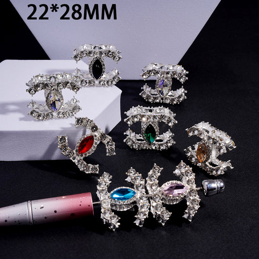 Luxurious Style Rainbow-Colored Gemstone Heart, Double C White Gemstone Base Alloy Decoration, Size 22*28 MM, FW