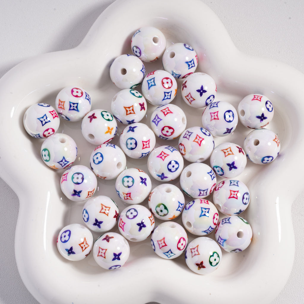 Classic VL Round Acrylic Beads UV-Coated in White & Brown, 16MM, SJ