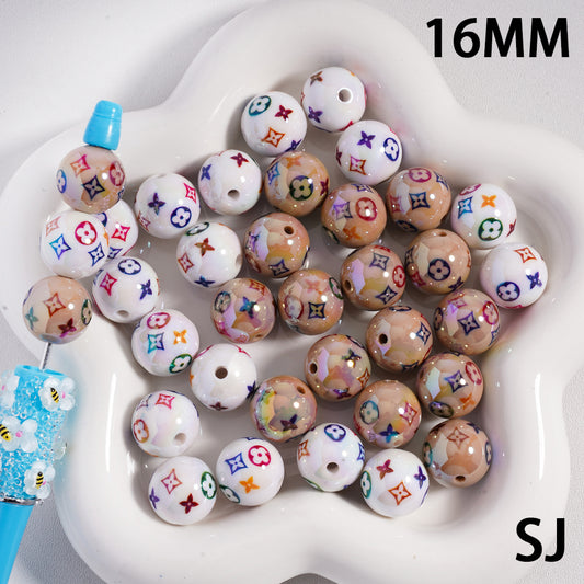 Classic VL Round Acrylic Beads UV-Coated in White & Brown, 16MM, SJ