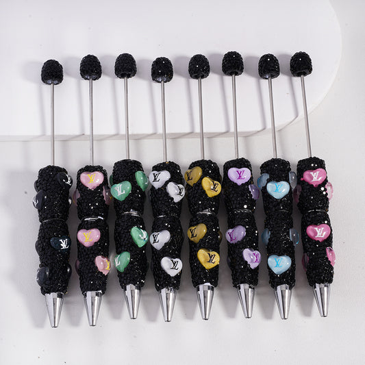 Beadable Clay Pens with Heart VL Mini AB & Black Rhinestones Covered the Entire Pen. YY