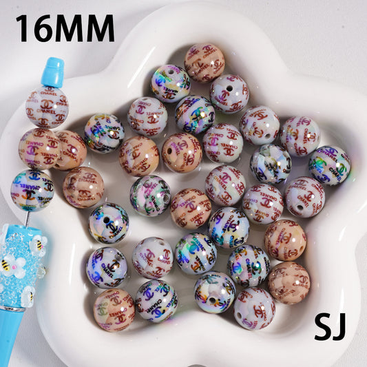 Classic CC Round Acrylic Beads UV-Coated in Grey & Brown, 16MM, SJ