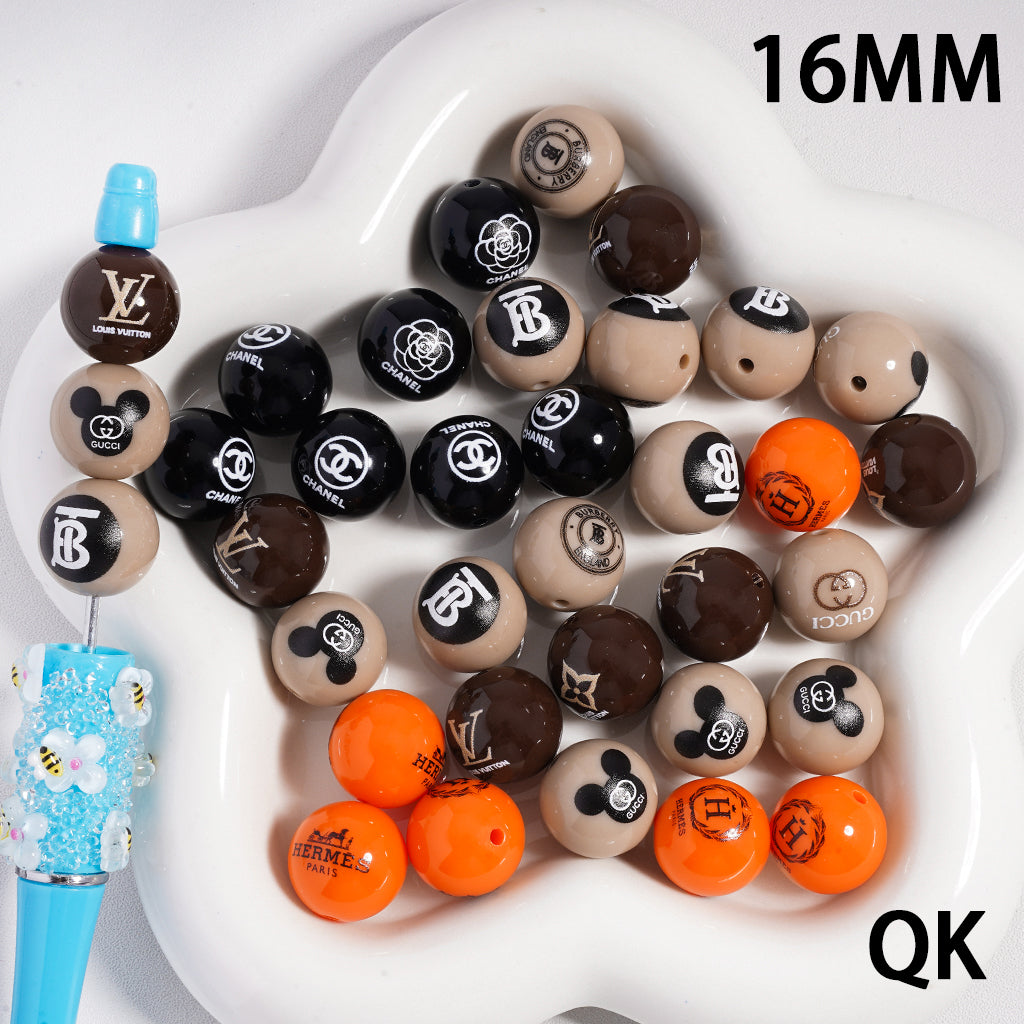 VL BBR GG CC HMS Printed Acrylic Beads - Assorted Colors, 16MM, QK