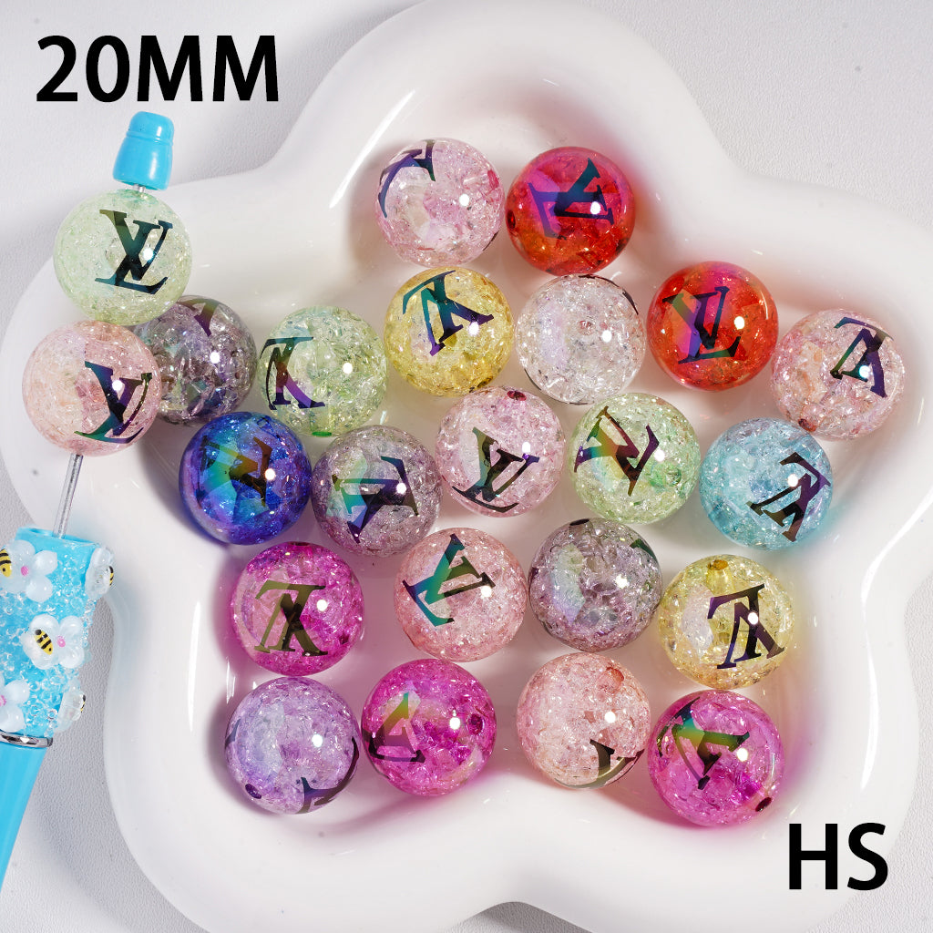 Translucent Crackle VL and CC Prints Round Light Color Acrylic Beads, 20MM, Random Mix, HS