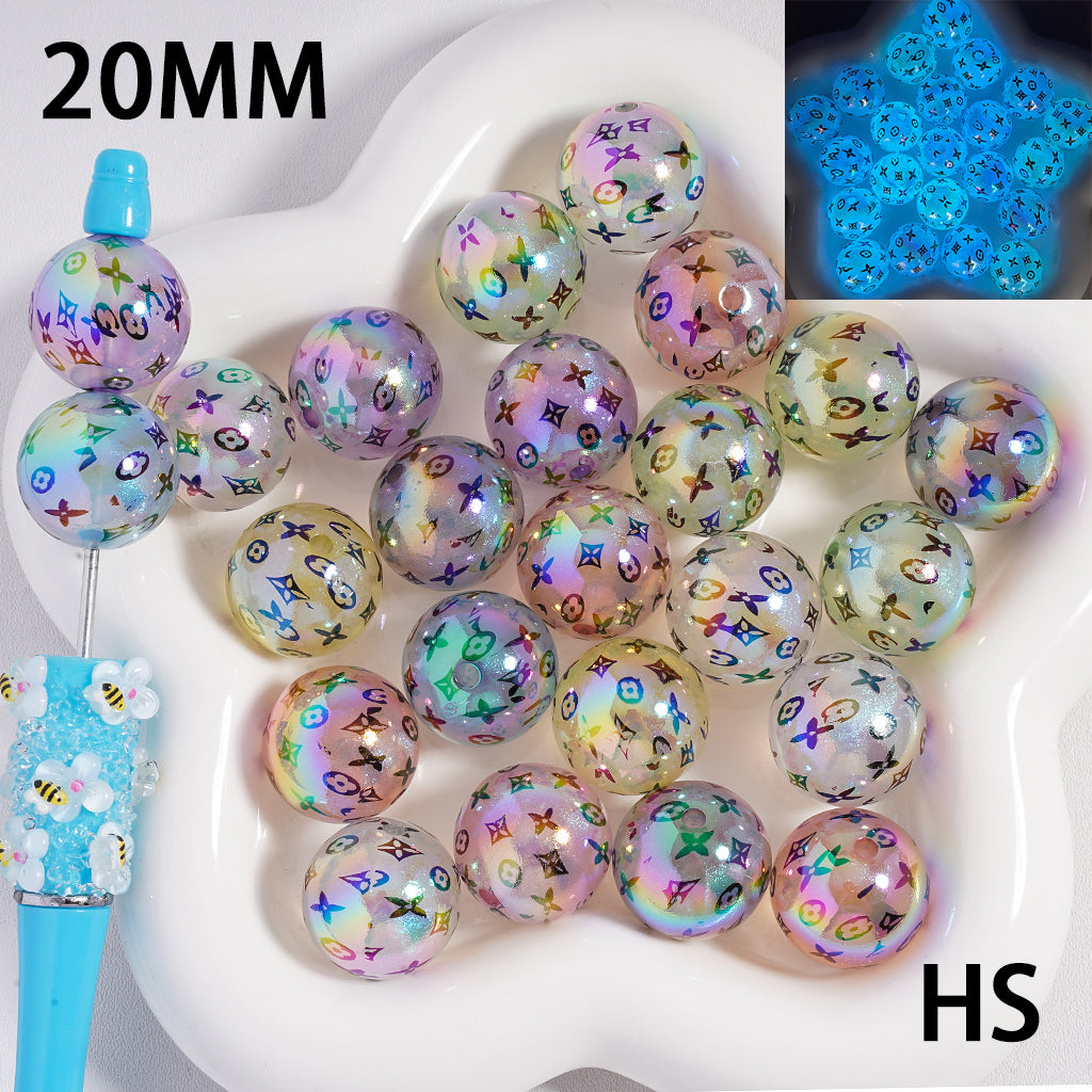 UV Coating Luminous Classic VL Print Pattern Acrylic Beads, Random mix, 20mm, HS