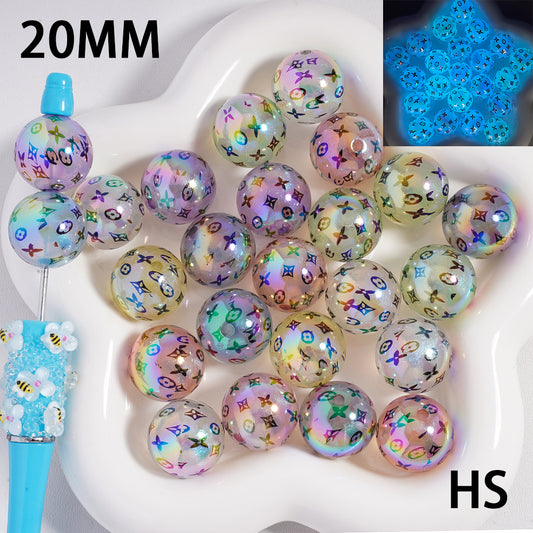 UV Coating Luminous Classic VL Print Pattern Acrylic Beads, Random mix, 20mm, HS