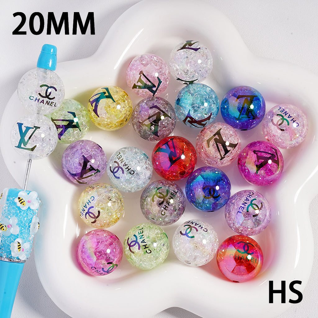 Translucent Crackle VL and CC Prints Round Light Color Acrylic Beads, 20MM, Random Mix, HS