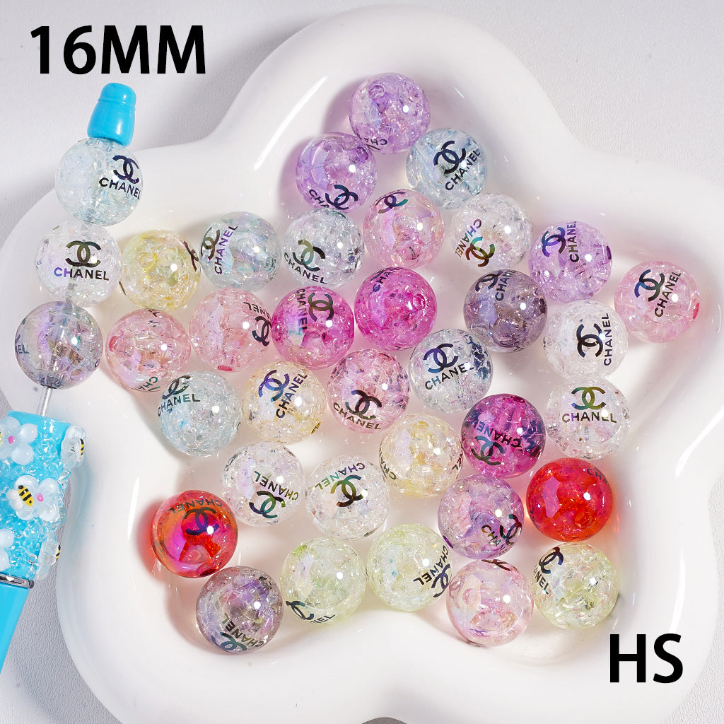 Translucent Crackle VL and CC Prints Round Light Color Acrylic Beads, 16MM, Random Mix, HS