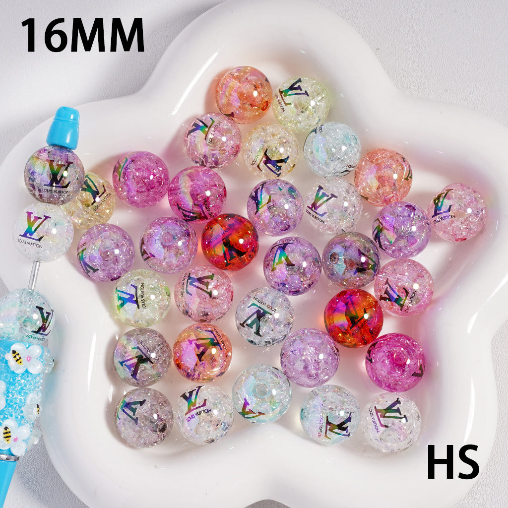 Translucent Crackle VL and CC Prints Round Light Color Acrylic Beads, 16MM, Random Mix, HS
