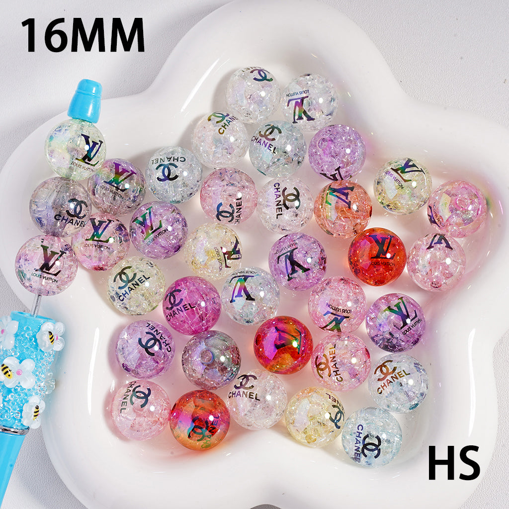 Translucent Crackle VL and CC Prints Round Light Color Acrylic Beads, 16MM, Random Mix, HS