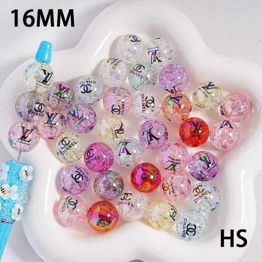 Translucent Crackle VL and CC Prints Round Light Color Acrylic Beads, 16MM, Random Mix, HS