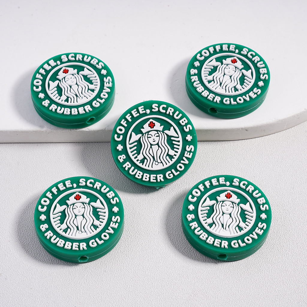 Green and Pink Starbuck Coffee, Scrubs, Rubber Gloves Logo Silicone Focal Beads