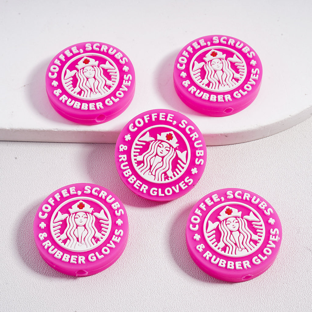 Green and Pink Starbuck Coffee, Scrubs, Rubber Gloves Logo Silicone Focal Beads