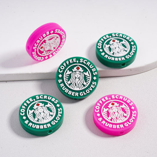 Green and Pink Starbuck Coffee, Scrubs, Rubber Gloves Logo Silicone Focal Beads