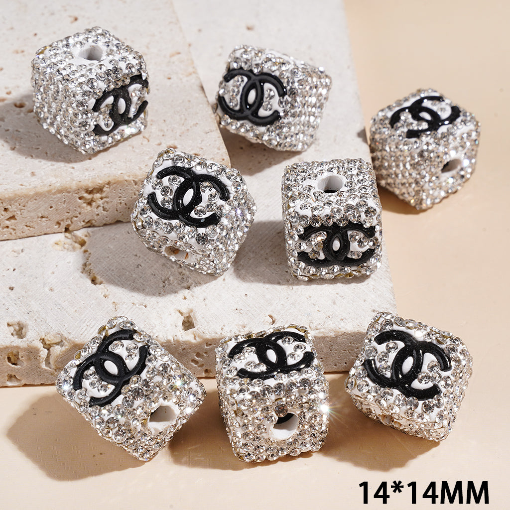 Cube Clay Beads Square Charm with Black "CC" Logo and SilverTone Diamond Patterned Base, 14mm