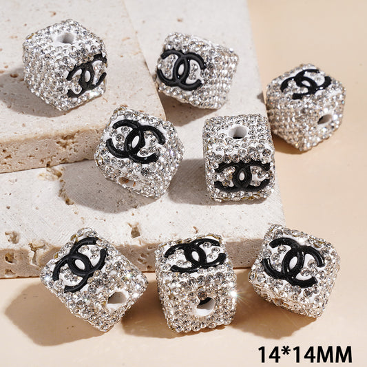 Cube Clay Beads Square Charm with Black "CC" Logo and SilverTone Diamond Patterned Base, 14mm