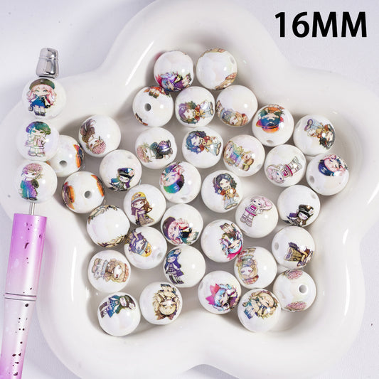 16mm UV Coating, Fashionable Girl Series Acrylic Beads, White Base Color, Cute Cartoon Printed beads, SJ