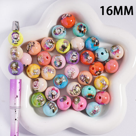 16mm UV Coating, Fashionable Girl Series Acrylic Beads, Variegated Solid Color, Cute Cartoon Printed beads, SJ
