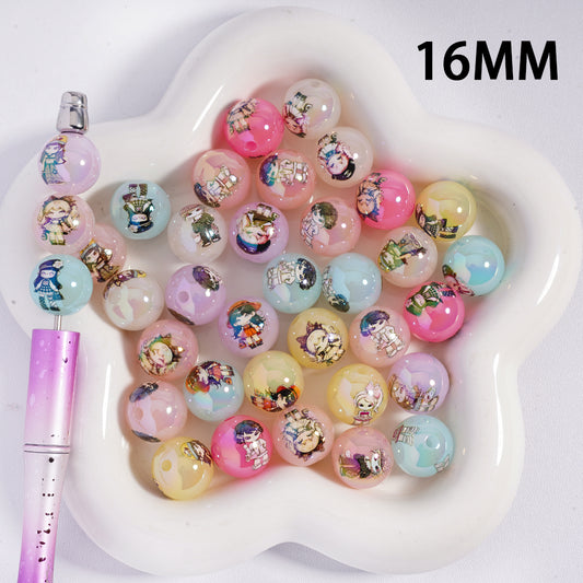 16mm UV Coating, Fashionable Girl Series Acrylic Beads, Colorful Transparent Mixed color, Cute Cartoon Printed beads, SJ