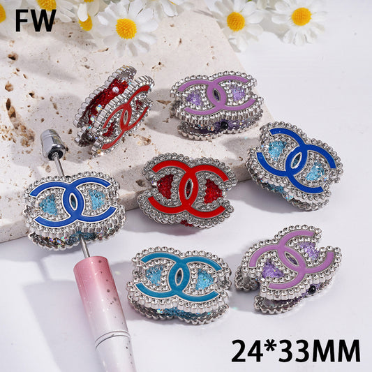 CC Fashionable Diamond-Edged Silver-White Alloy Bead Decoration, Multi-Color Clay Base, 24×33 MM, Suitable For DIY Use.