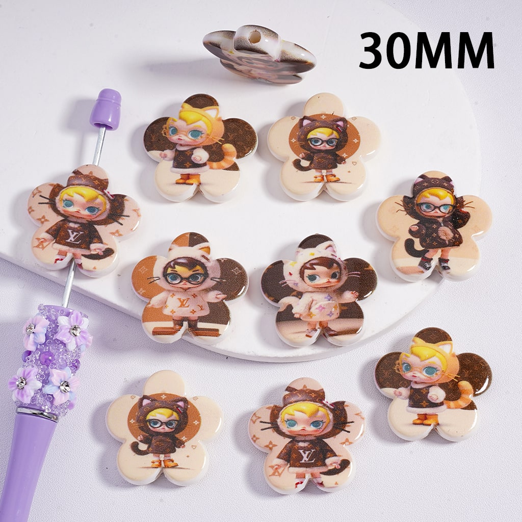 VL Acrylic Beads Cute Girl Molly Pop Mart in Cat Style Costume Plum Blossom Flower Shape 30MM