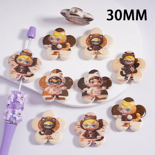 VL Acrylic Beads Cute Girl Molly Pop Mart in Cat Style Costume Plum Blossom Flower Shape 30MM