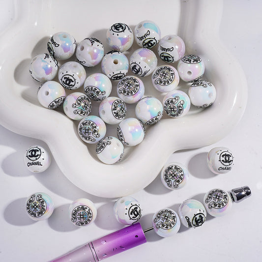 CC MeChro Hearts White Glitter Printed Beads Mixed Set, 16MM