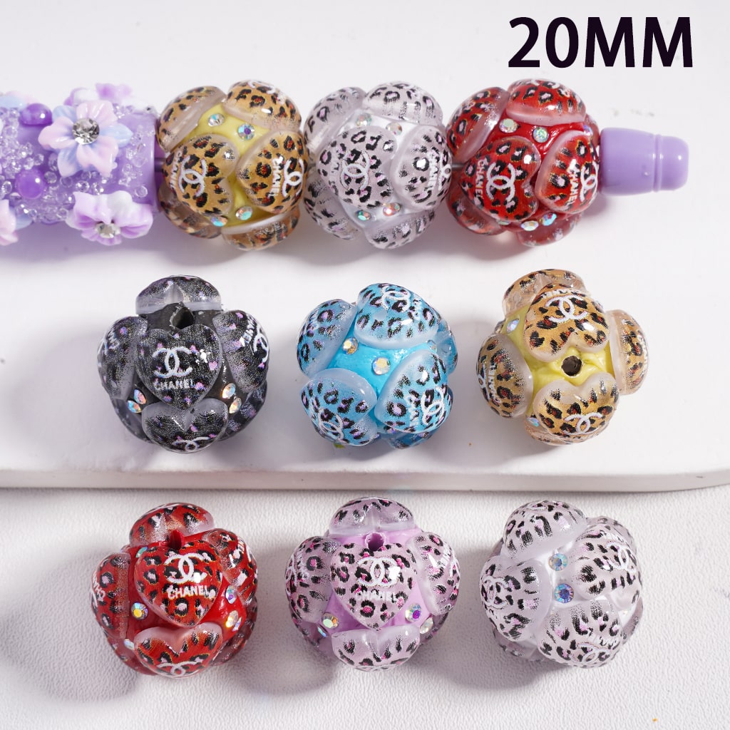 CCC Clay Beads with Cute Jaguar Prints Hearts Shiny AB Rhinestones 20MM, Random Mix, FW
